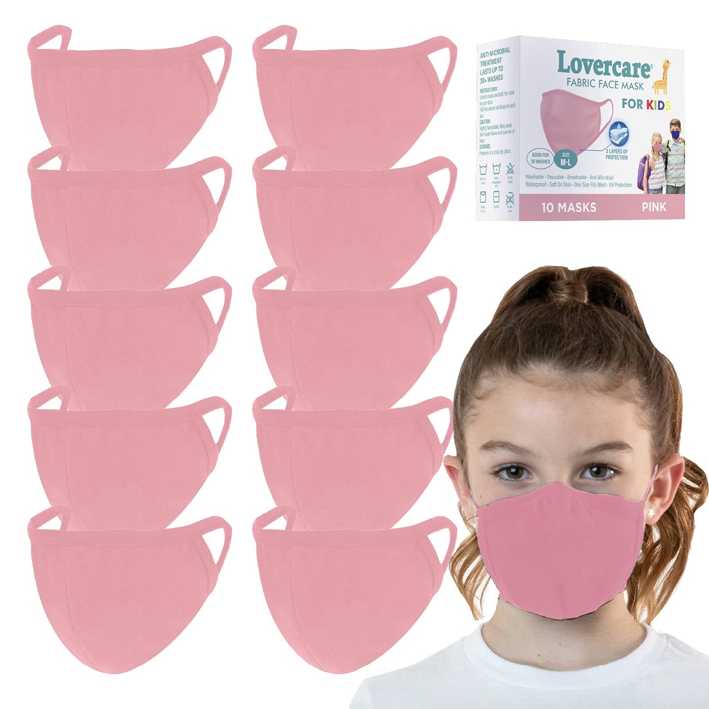 Lovercare Fabric Kids M-L Mask Pink 10P